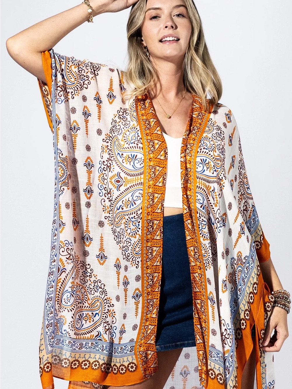 Lightweight Paisley Kimono Tunic in White and Orange